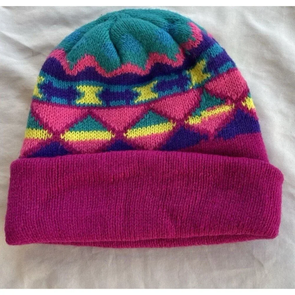 Vintage 90s Fleece Lined Acrylic Navajo Aztec Teal Purple Geometric Beanie Girls